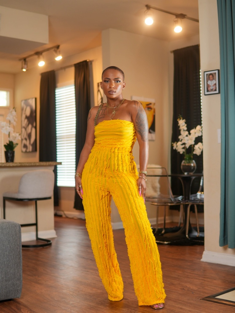 Women’s Yellow Strapless Textured Jumpsuit